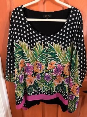 Mellisa Paige Black Polka Dot Tropical Floral Scoop-Neck Tunic